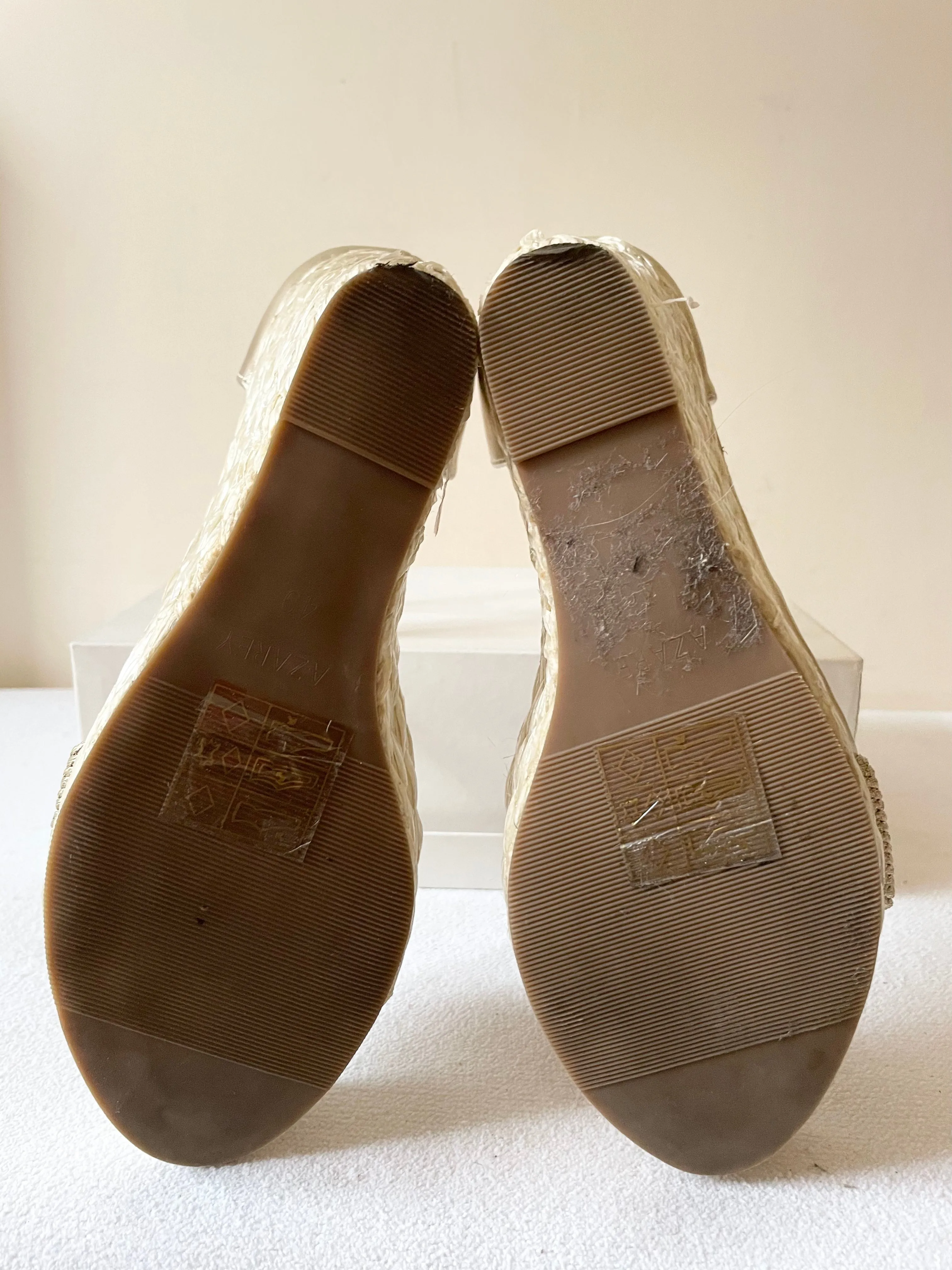 AZAREY GOLD ESPADRILLE WEDGE HEEL ANKLE STRAP SANDALS SIZE 7/40