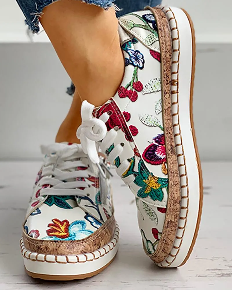 Bohemian Floral Printed Lace Up Shoes
