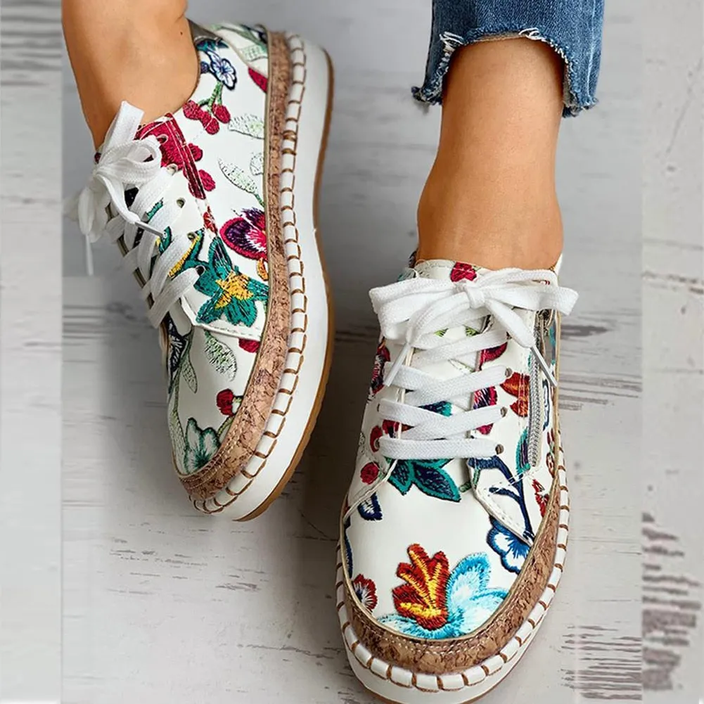 Bohemian Floral Printed Lace Up Shoes
