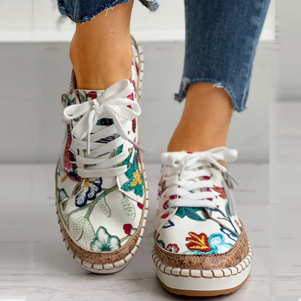 Bohemian Floral Printed Lace Up Shoes