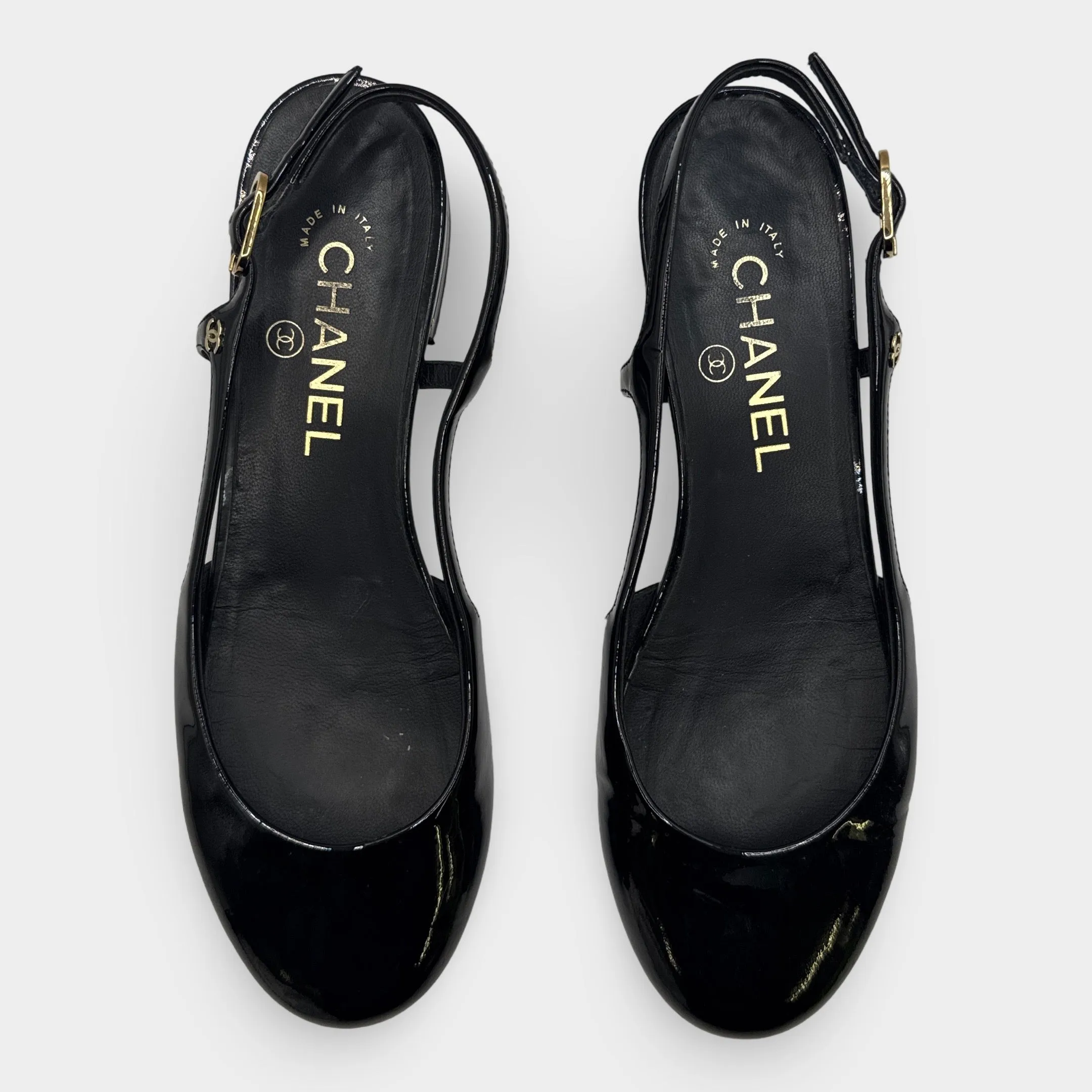 Chanel Black Slingback Patent Leather Flats