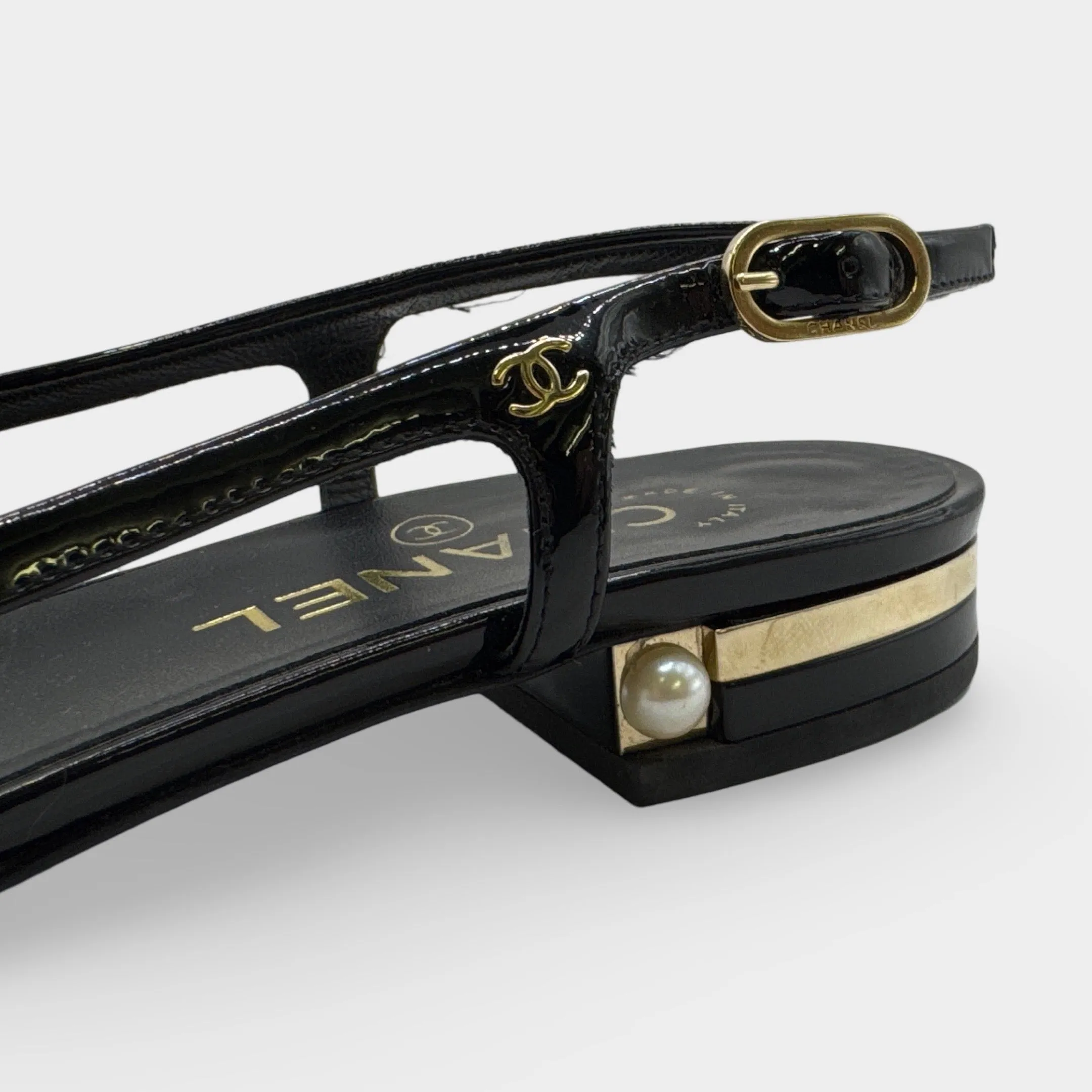 Chanel Black Slingback Patent Leather Flats