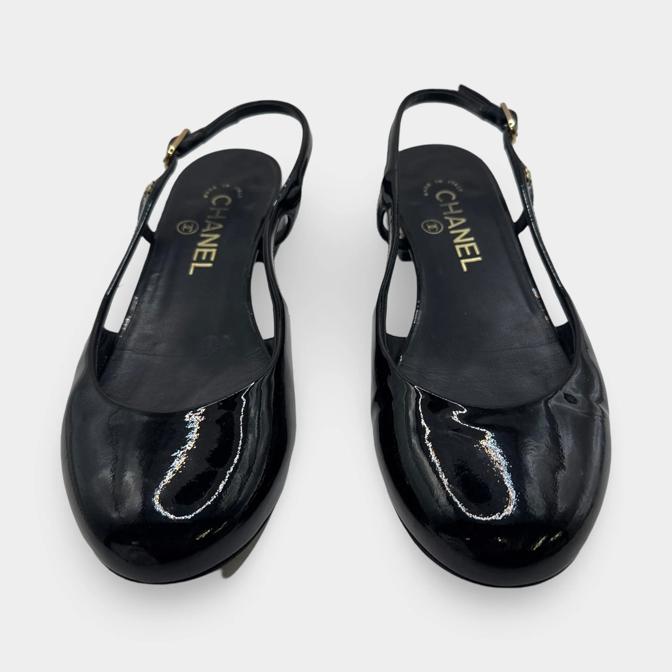 Chanel Black Slingback Patent Leather Flats