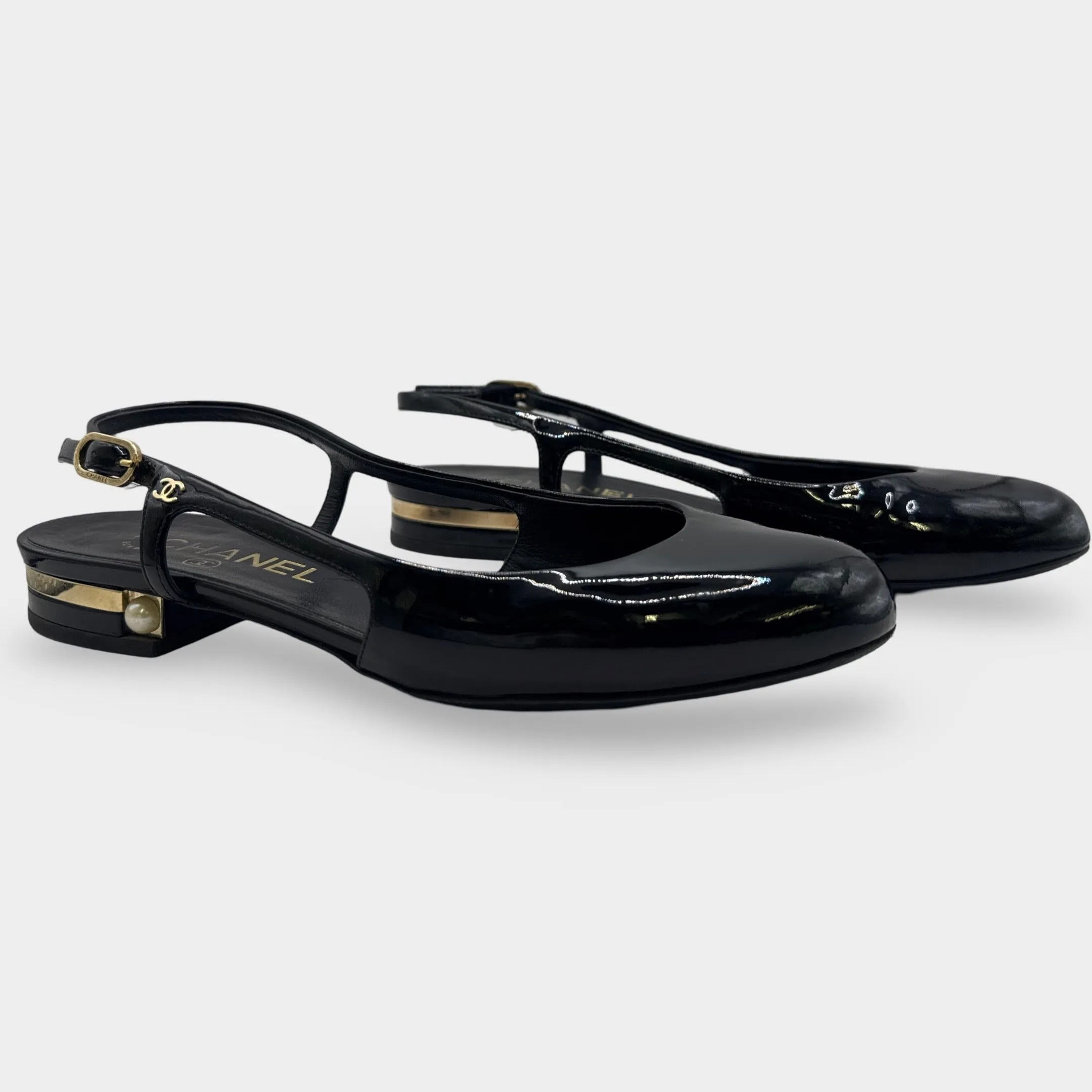 Chanel Black Slingback Patent Leather Flats