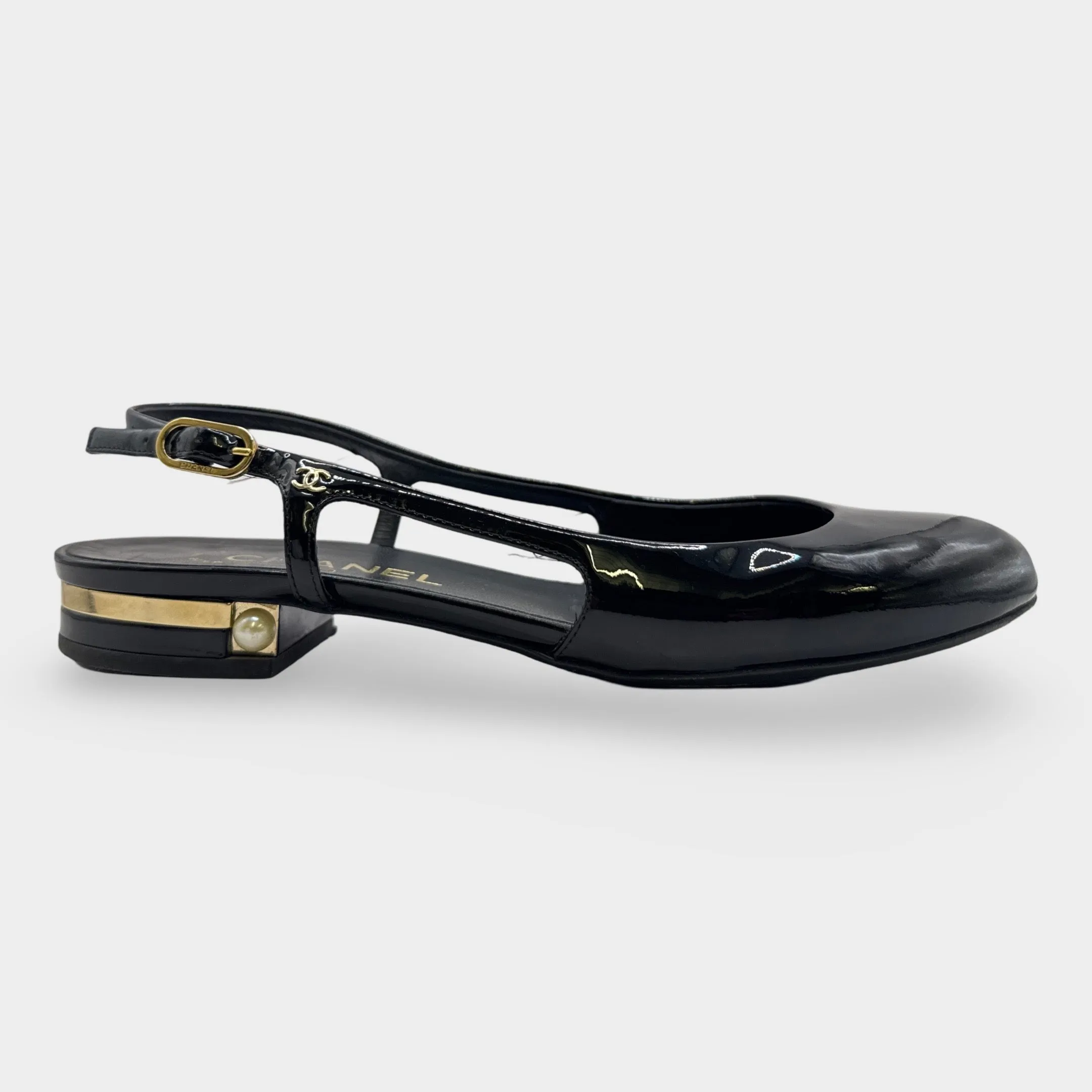 Chanel Black Slingback Patent Leather Flats