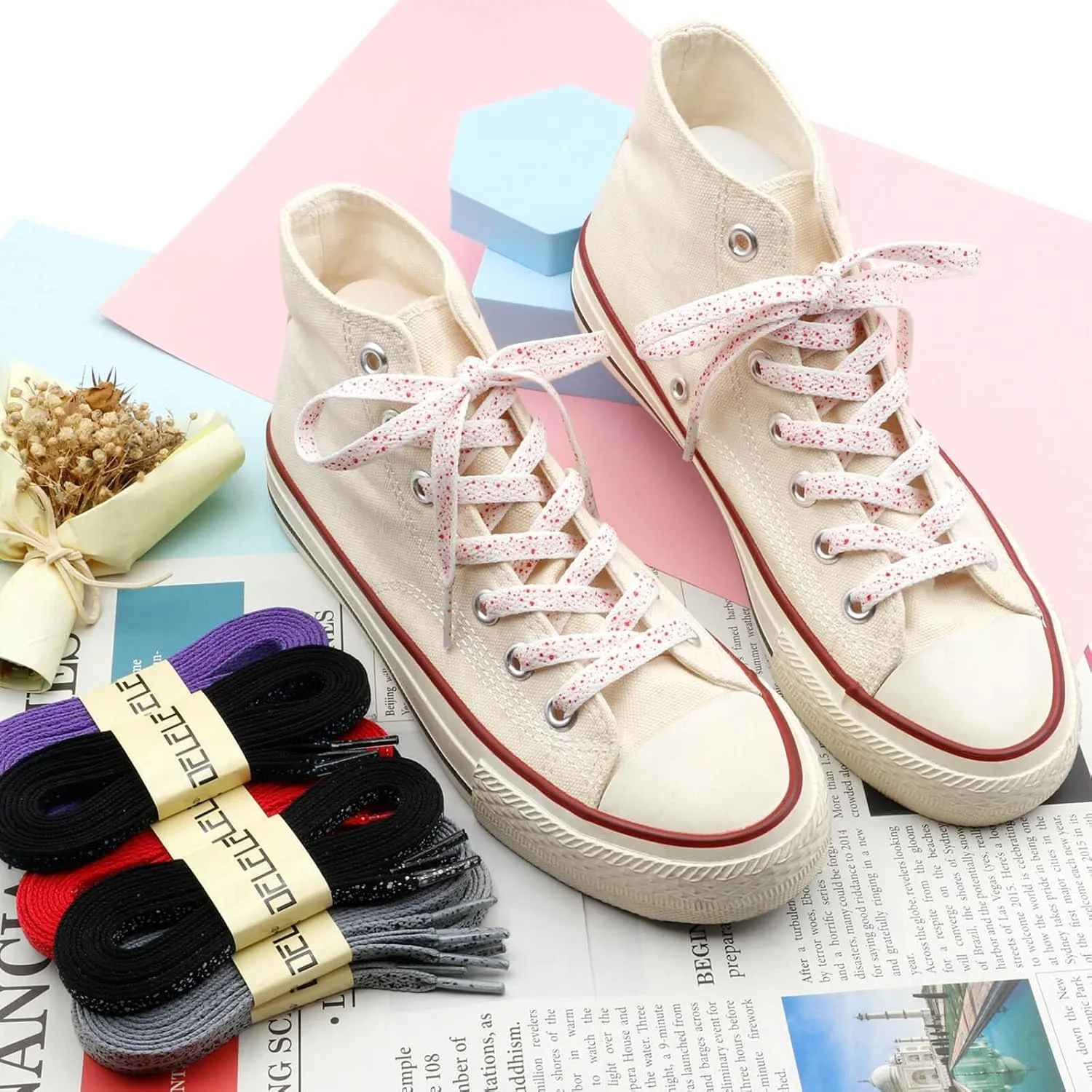 DELELE Print Flat Shoelaces for Sneakers: Colored Athletic Shoe Laces 2 Pair