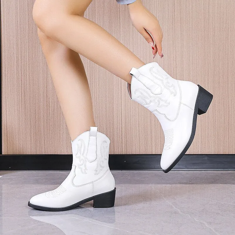 Embroidered short cowboy boots winter fall chunky heeled booties