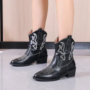 Embroidered short cowboy boots winter fall chunky heeled booties