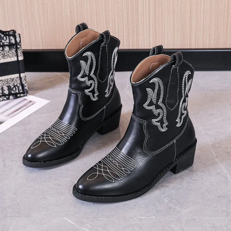 Embroidered short cowboy boots winter fall chunky heeled booties