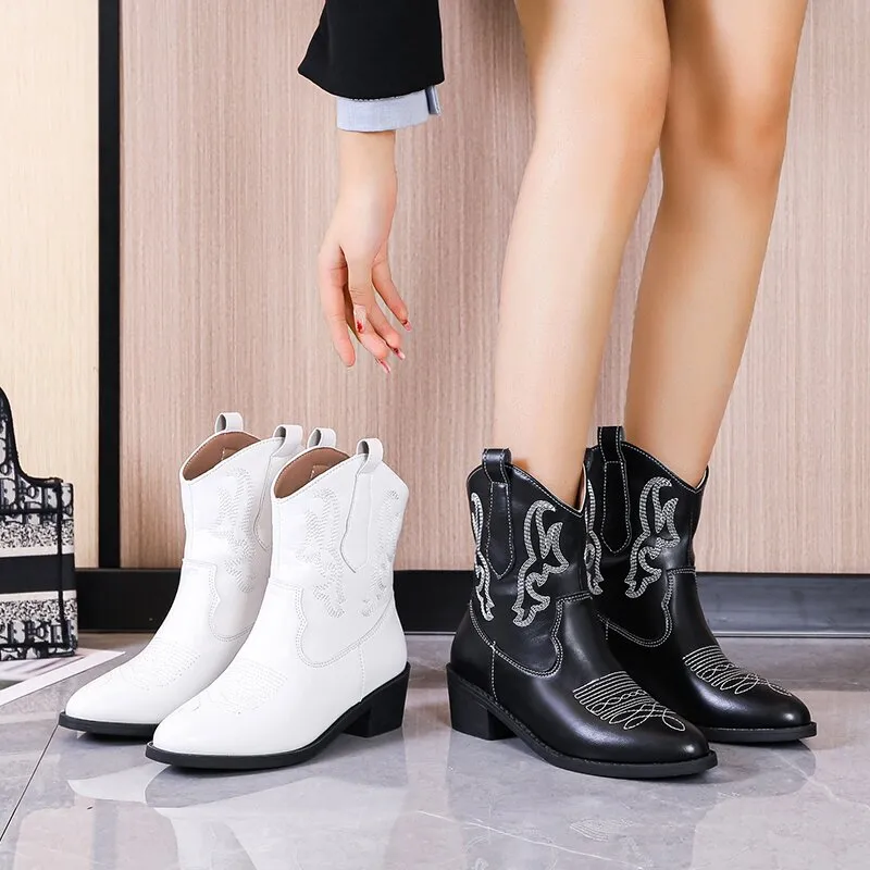Embroidered short cowboy boots winter fall chunky heeled booties