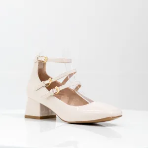 Flyfor pat double belt 5cm block heel court shoe beige