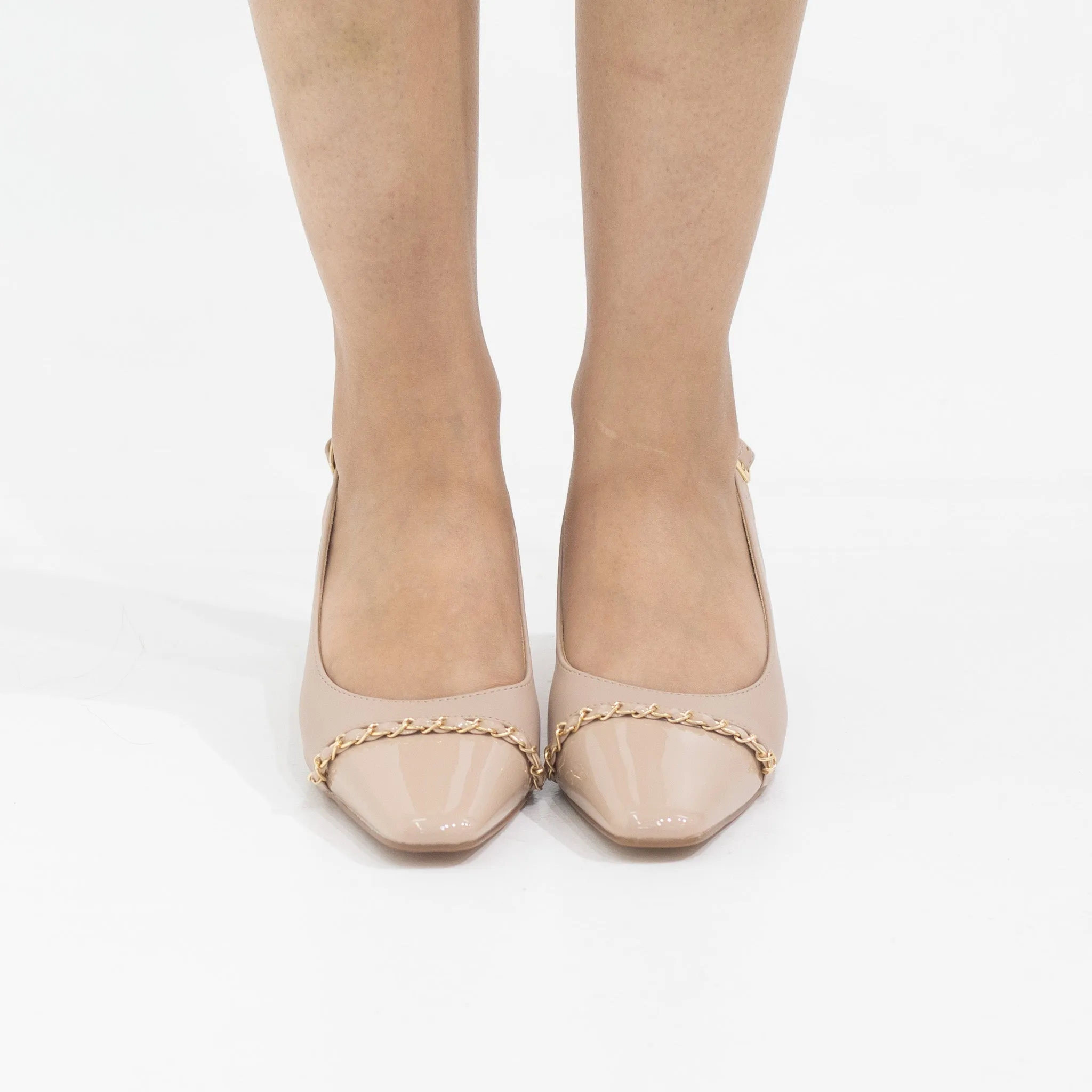 Galaxy 5.5cm heel sling back with chain detail nude