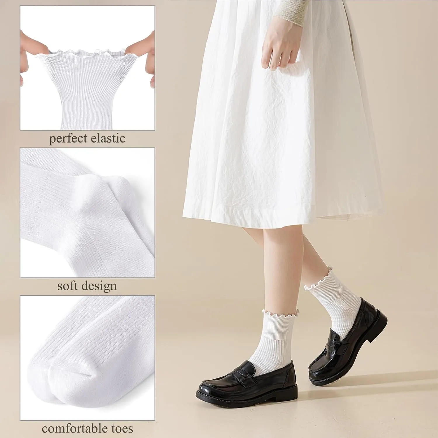 Ginmewrae Womens Ruffle Socks Cute Frilly Ankle Socks Breathable Cotton Warm Soft Casual Crew Socks for Women 6 Pack