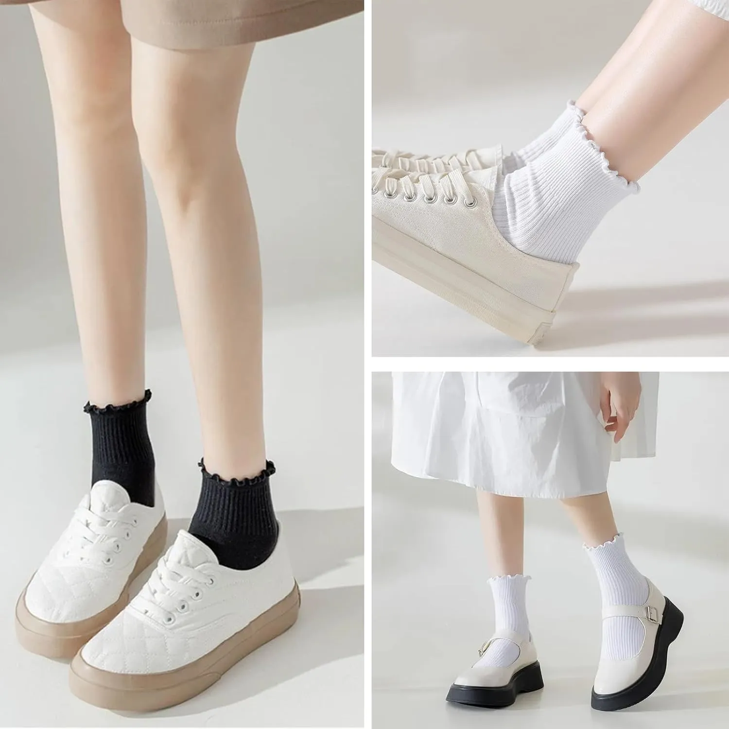 Ginmewrae Womens Ruffle Socks Cute Frilly Ankle Socks Breathable Cotton Warm Soft Casual Crew Socks for Women 6 Pack