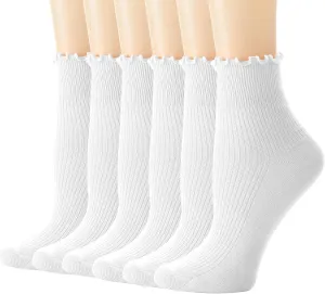 Ginmewrae Womens Ruffle Socks Cute Frilly Ankle Socks Breathable Cotton Warm Soft Casual Crew Socks for Women 6 Pack