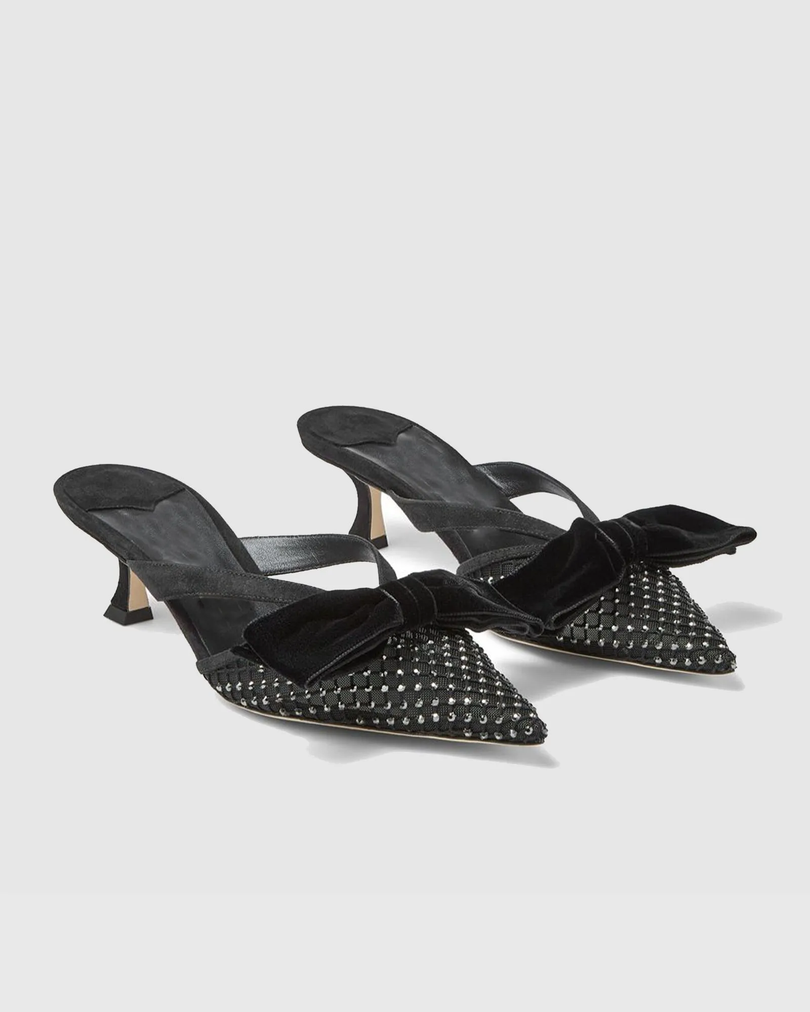 Po Bow Embellished Mesh Mules In Black