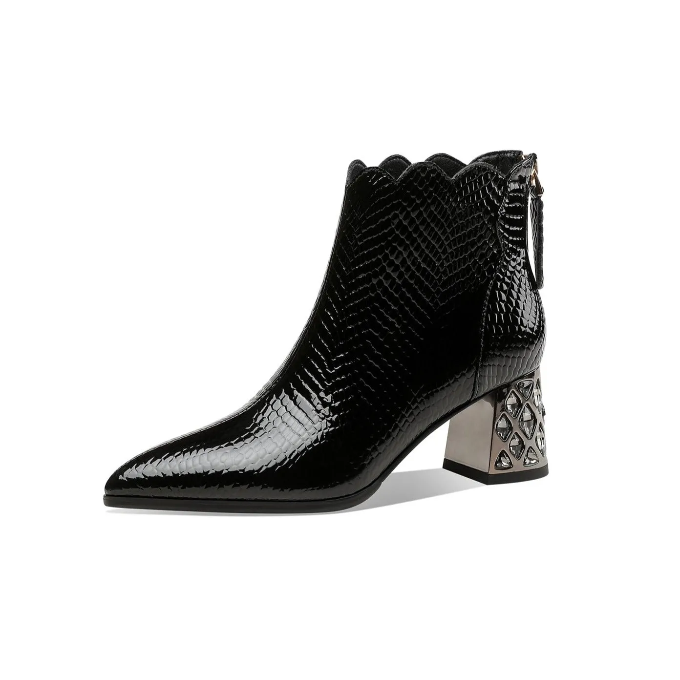 TinaCus Handmade Women's Patent Leather Front Zipper Pointed Toe Mid Rhinestones Chunky Heel Ankle Boots