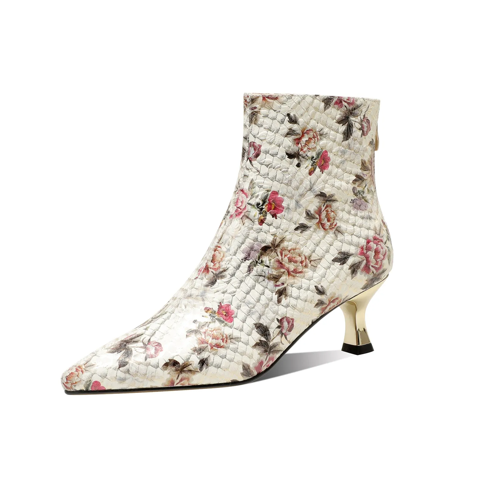 TinaCus Women's Flowers Genuine Leather Handmade Back Zip Pointed Toe Ankle Boots