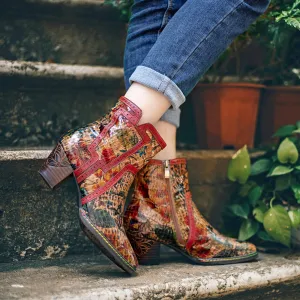 Women's Brown Patterned Vintage Leather Ankle Boots