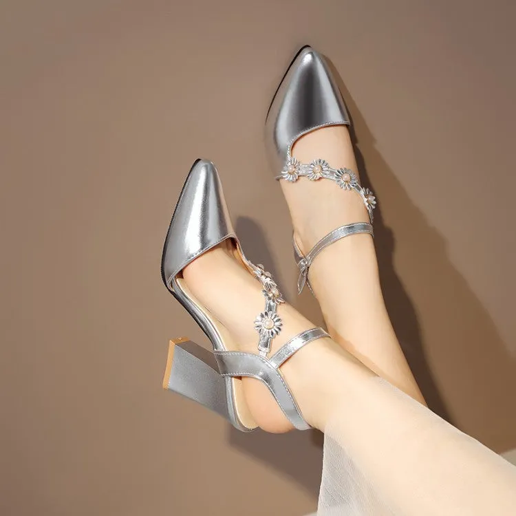 Women's Glossy Pointed Toe Flora Wrap Strap Chunky Heel Sandals