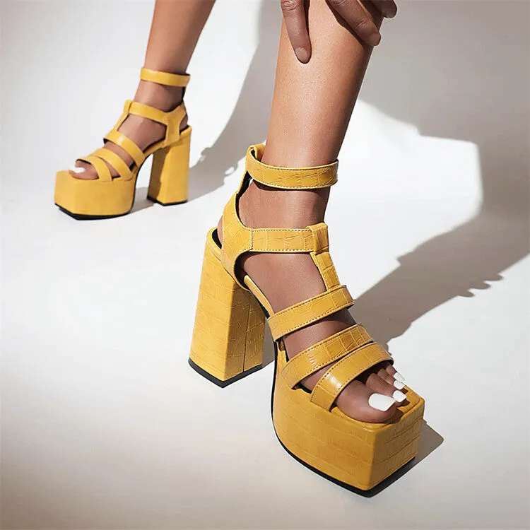 Women's Solid Color Glossy Ankle Strap Thick Sole Block Heel Platform Sandals