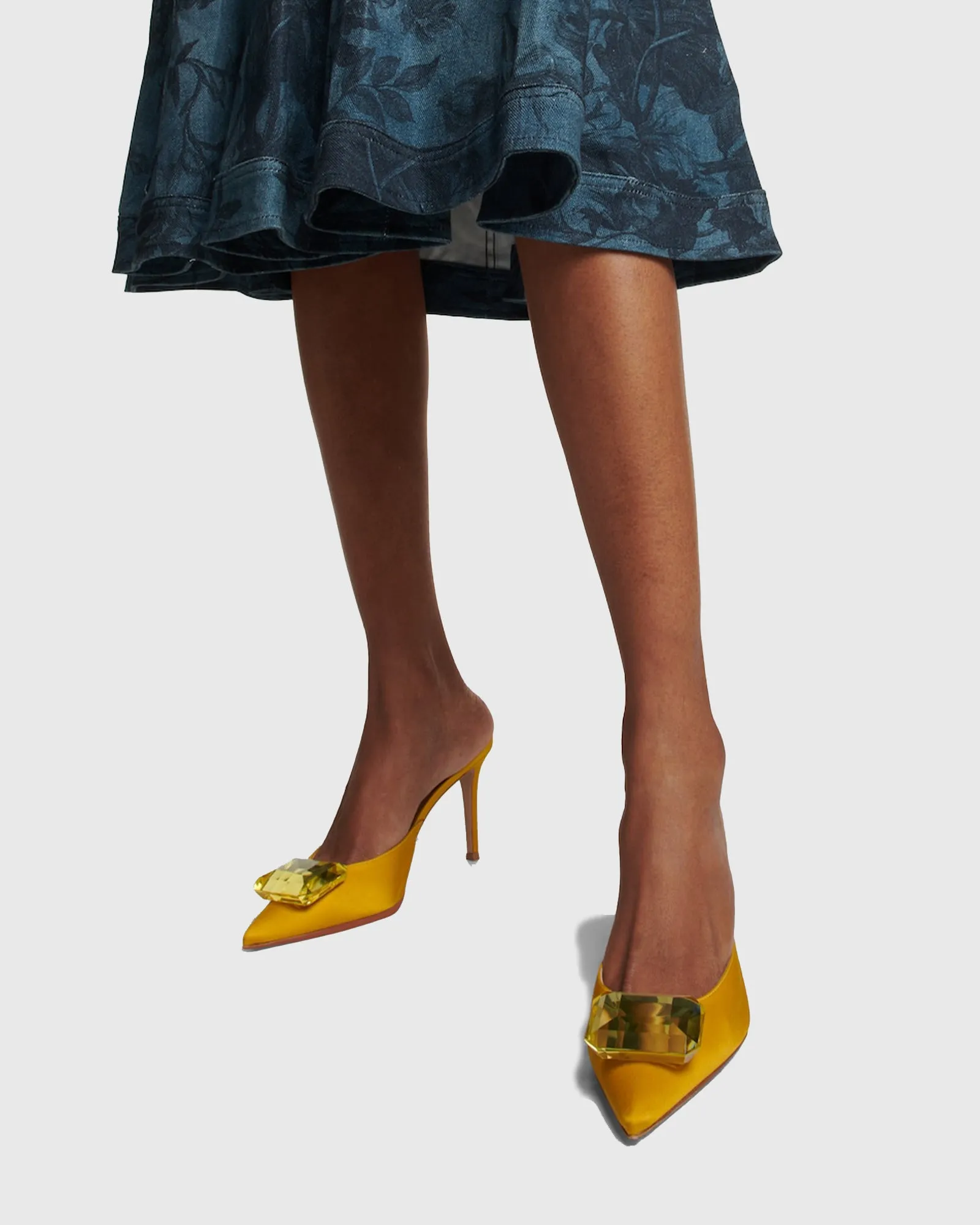 Yanaba Rhinestone Satin Mules In Yellow